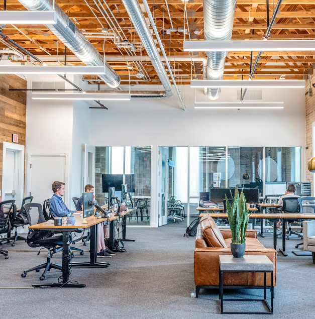 Modern office with desks, ergonomic chairs, and natural light