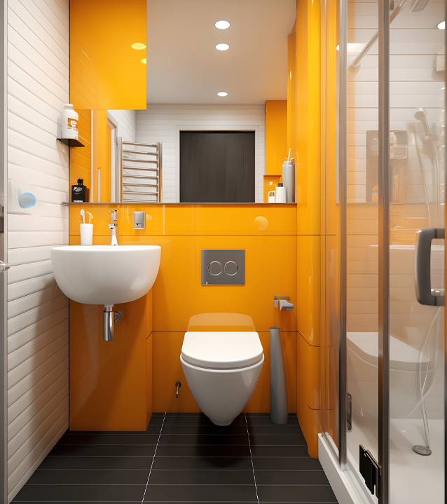Bright orange modern bathroom with shower and wall-mounted sink